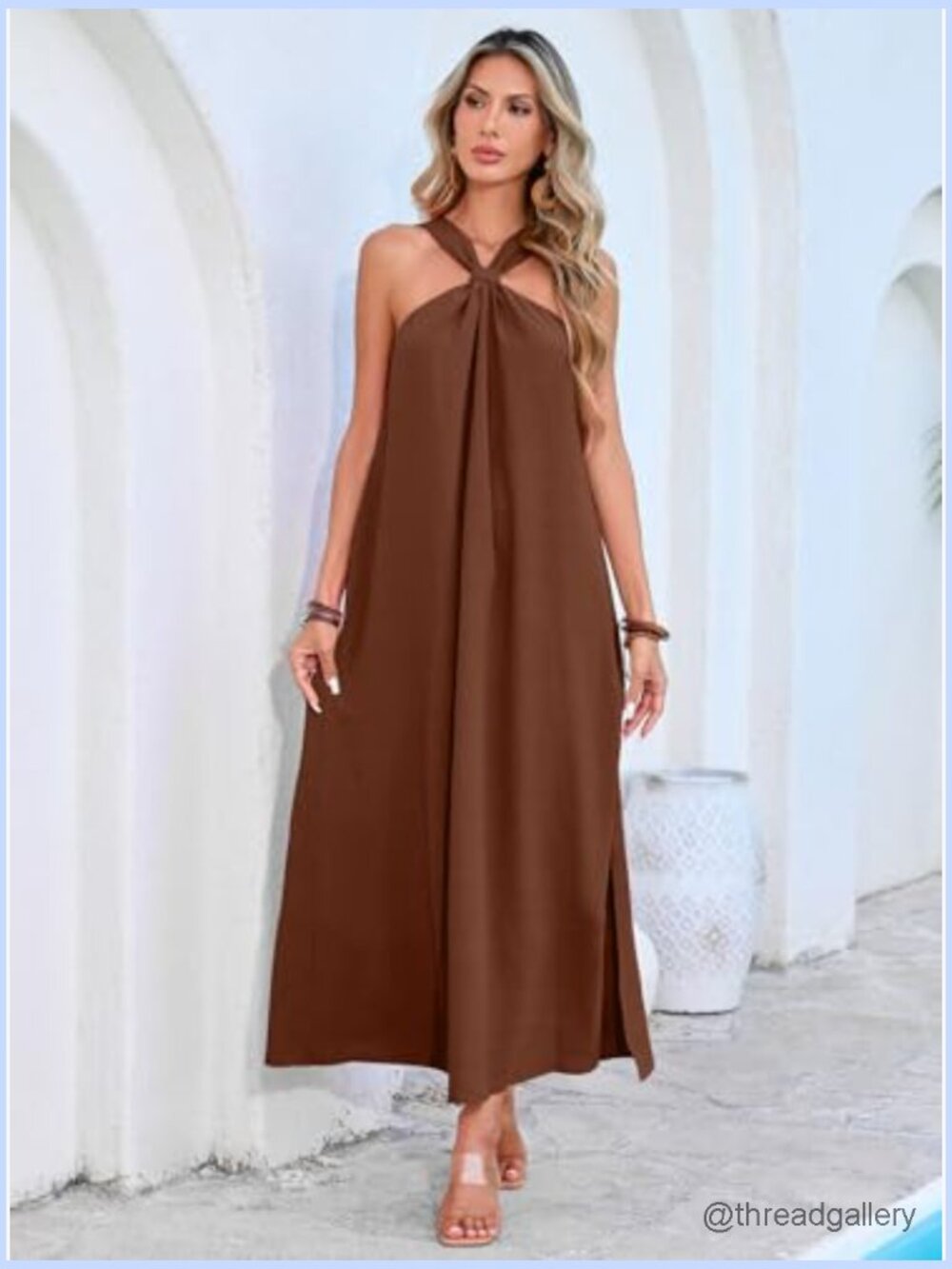 Sleeveless Halter Maxi Dress Side Slit Vacation Beach Casual Flowy - Picture 3 of 7
